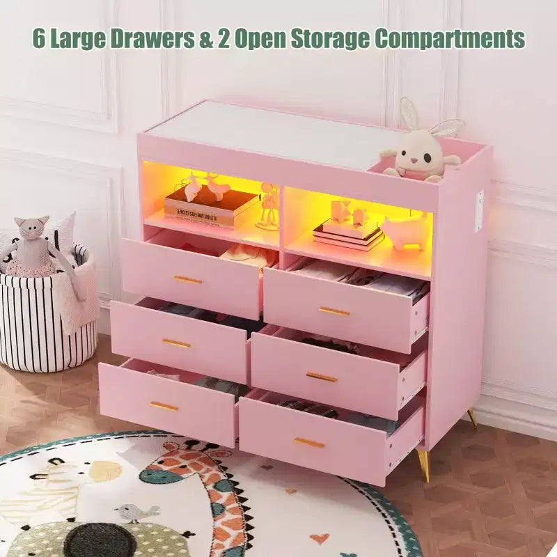 Commode COZONY pour chambre à coucher avec plan à langer, commode à langer pour bébé à 6 tiroirs avec étagères ouvertes