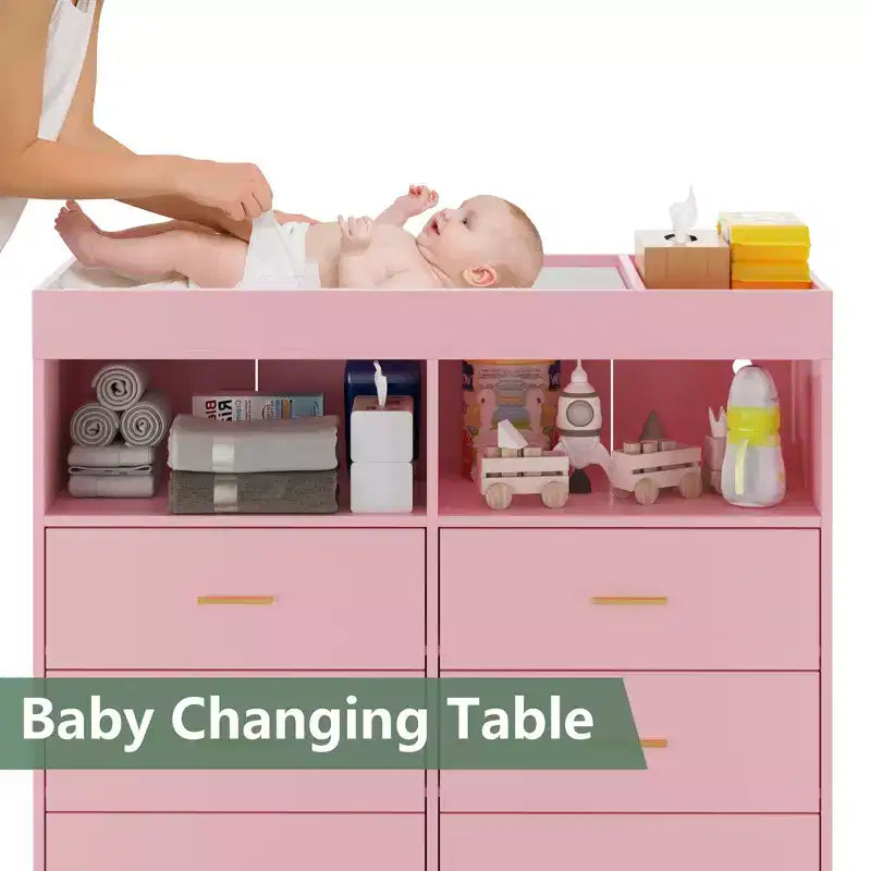Commode COZONY pour chambre à coucher avec plan à langer, commode à langer pour bébé à 6 tiroirs avec étagères ouvertes