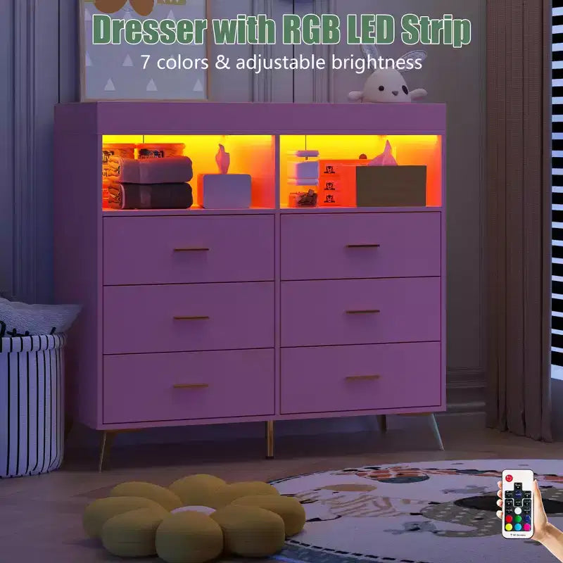 Commode COZONY pour chambre à coucher avec plan à langer, commode à langer pour bébé à 6 tiroirs avec étagères ouvertes