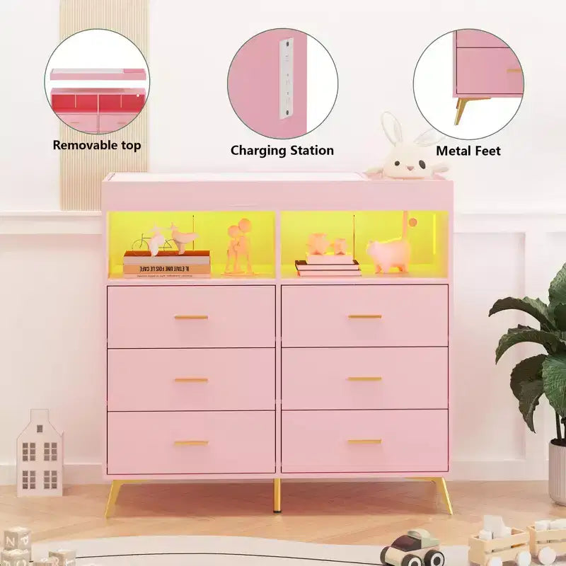 Commode COZONY pour chambre à coucher avec plan à langer, commode à langer pour bébé à 6 tiroirs avec étagères ouvertes