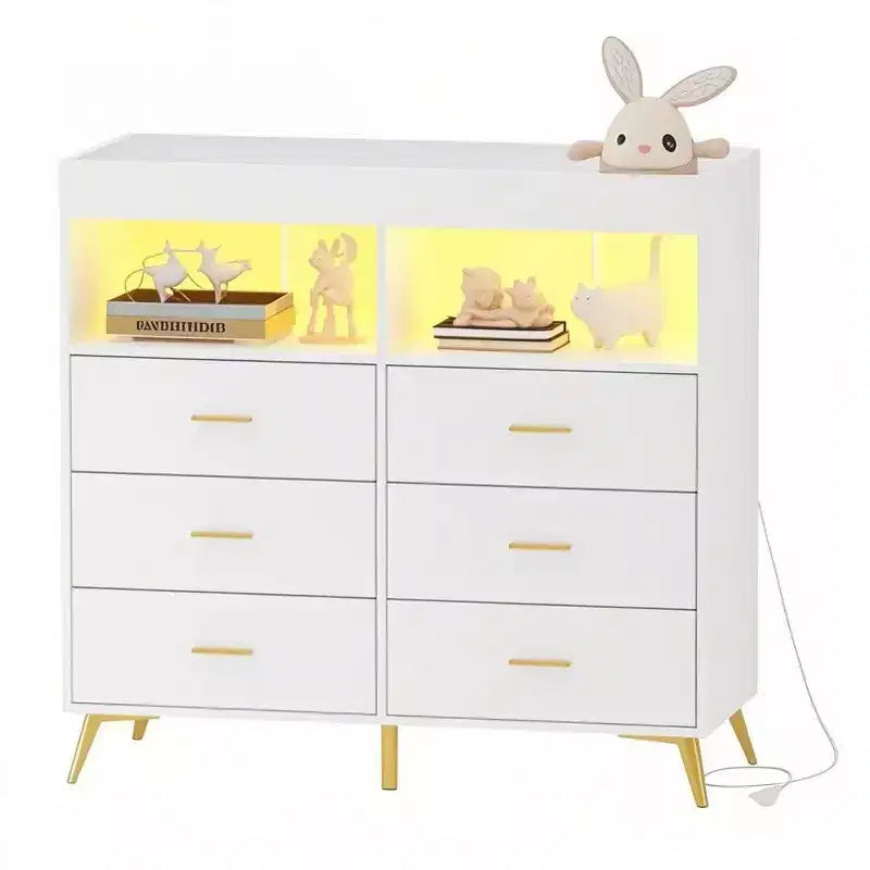 Commode COZONY pour chambre à coucher avec plan à langer, commode à langer pour bébé à 6 tiroirs avec étagères ouvertes