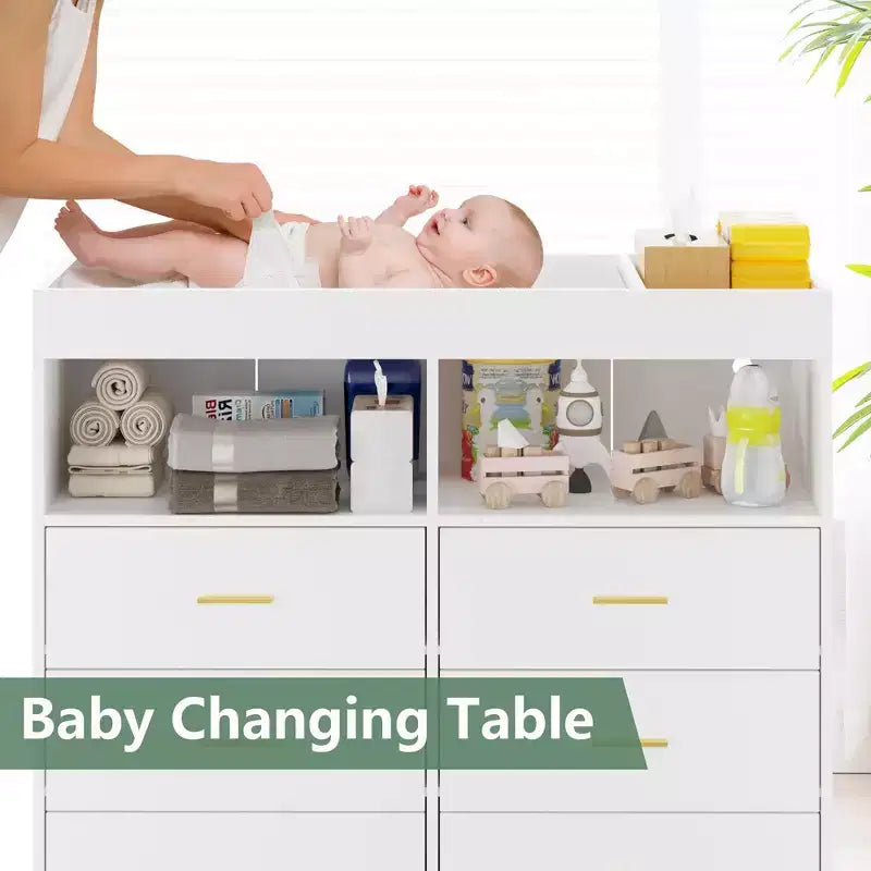 Commode COZONY pour chambre à coucher avec plan à langer, commode à langer pour bébé à 6 tiroirs avec étagères ouvertes