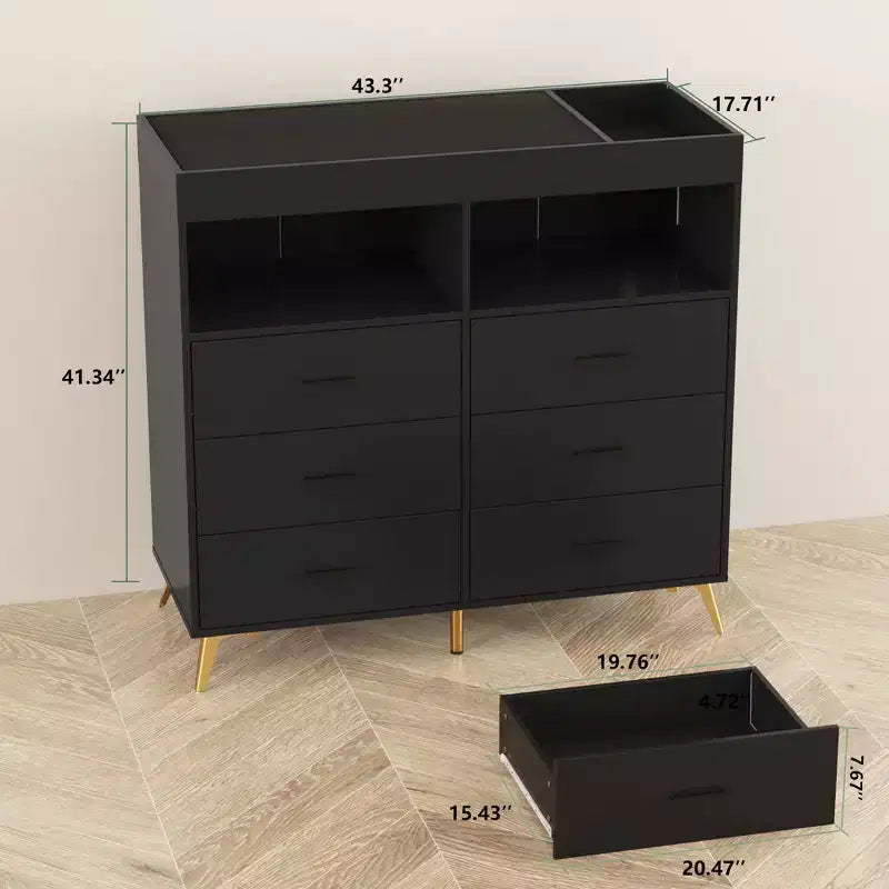 Commode COZONY pour chambre à coucher avec plan à langer, commode à langer pour bébé à 6 tiroirs avec étagères ouvertes