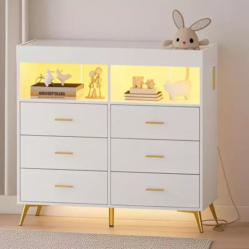 Commode COZONY pour chambre à coucher avec plan à langer, commode à langer pour bébé à 6 tiroirs avec étagères ouvertes