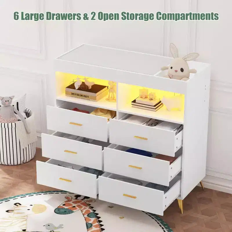 Commode COZONY pour chambre à coucher avec plan à langer, commode à langer pour bébé à 6 tiroirs avec étagères ouvertes