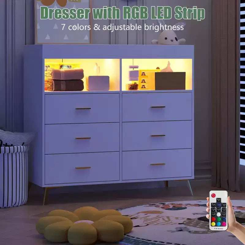 Commode COZONY pour chambre à coucher avec plan à langer, commode à langer pour bébé à 6 tiroirs avec étagères ouvertes