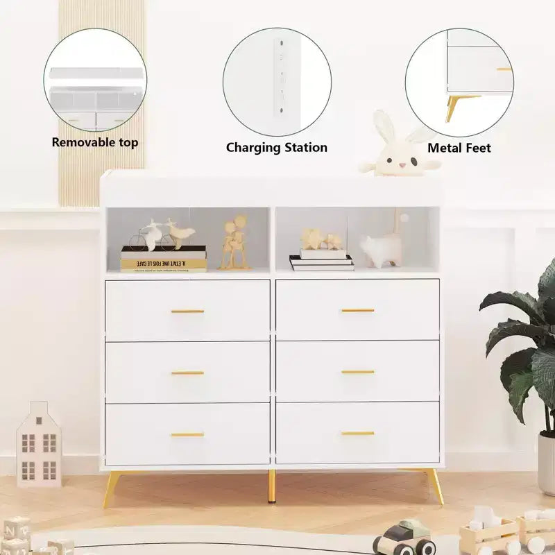 Commode COZONY pour chambre à coucher avec plan à langer, commode à langer pour bébé à 6 tiroirs avec étagères ouvertes