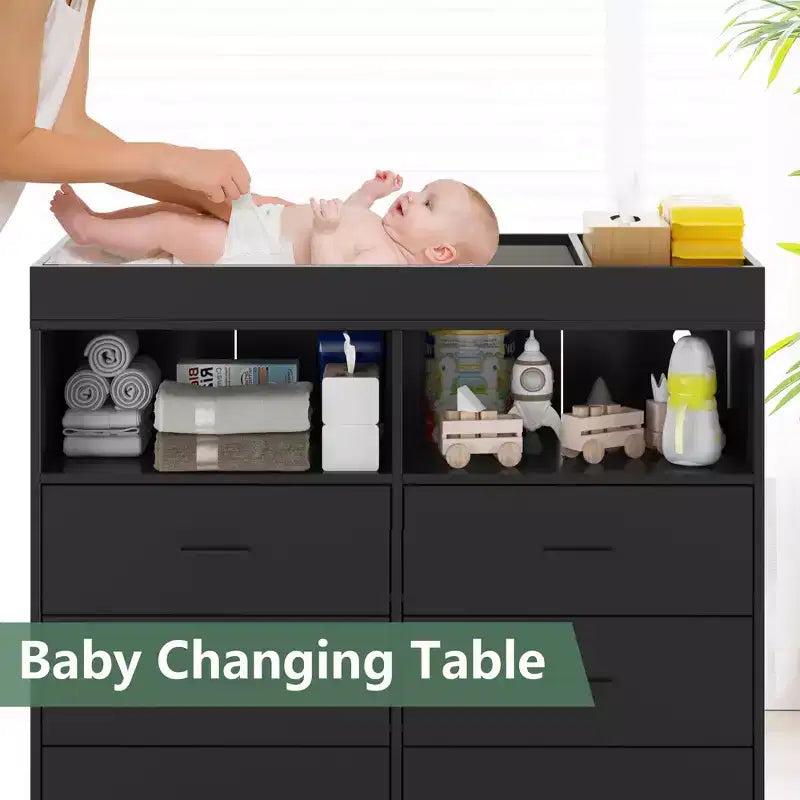 Commode COZONY pour chambre à coucher avec plan à langer, commode à langer pour bébé à 6 tiroirs avec étagères ouvertes