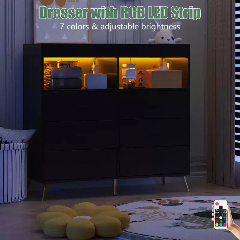 Commode COZONY pour chambre à coucher avec plan à langer, commode à langer pour bébé à 6 tiroirs avec étagères ouvertes