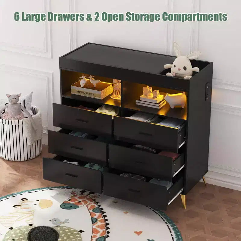Commode COZONY pour chambre à coucher avec plan à langer, commode à langer pour bébé à 6 tiroirs avec étagères ouvertes