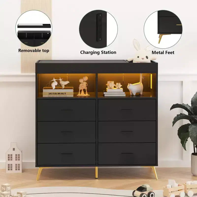 Commode COZONY pour chambre à coucher avec plan à langer, commode à langer pour bébé à 6 tiroirs avec étagères ouvertes