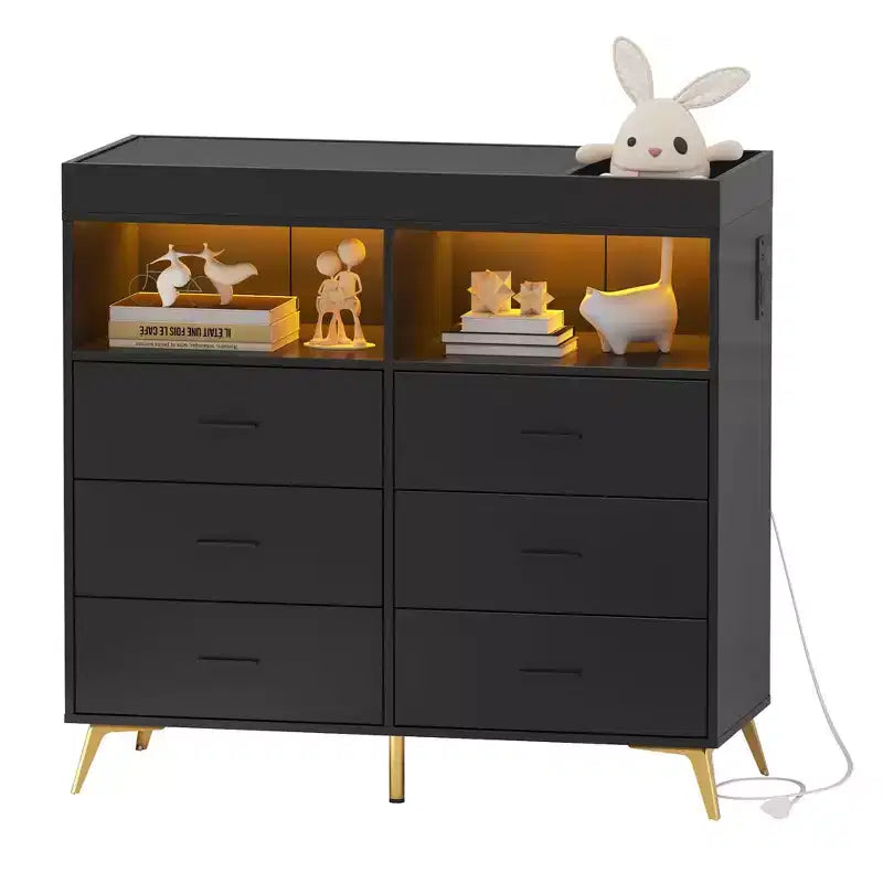 Commode COZONY pour chambre à coucher avec plan à langer, commode à langer pour bébé à 6 tiroirs avec étagères ouvertes