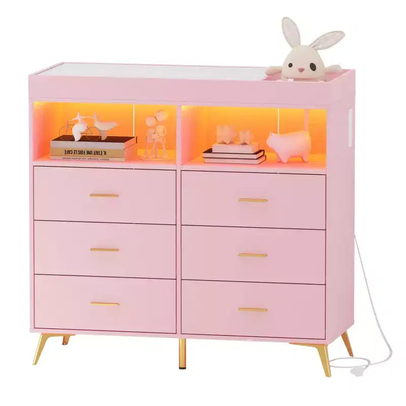 Commode COZONY pour chambre à coucher avec plan à langer, commode à langer pour bébé à 6 tiroirs avec étagères ouvertes