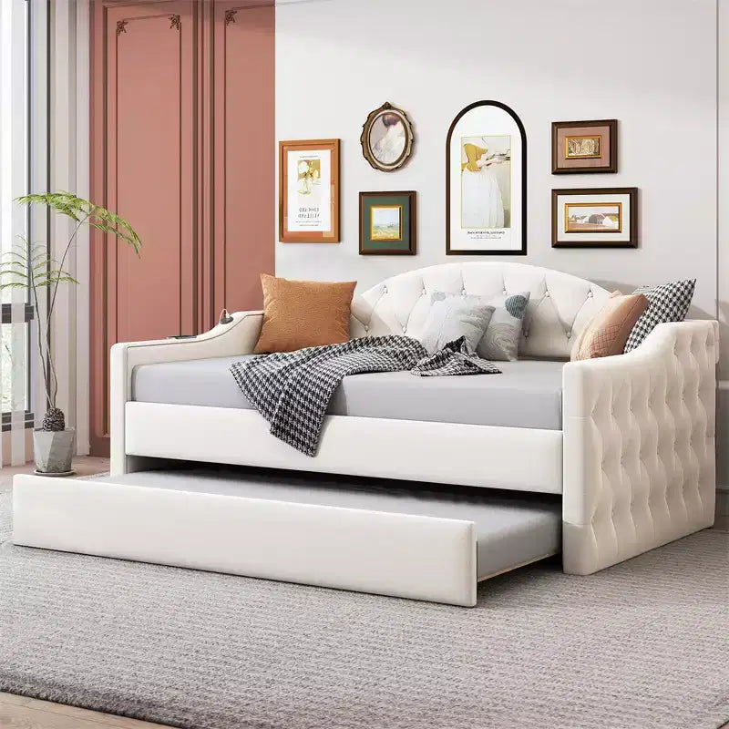 Lit de repos rembourré capitonné avec tiroir-gigogne, ports de charge USB et Type-C, cadre en bois, pas besoin de sommier tapissier, revêtement en velours, format simple