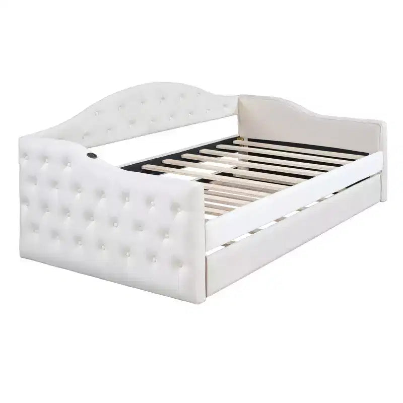 Lit de repos rembourré capitonné avec tiroir-gigogne, ports de charge USB et Type-C, cadre en bois, pas besoin de sommier tapissier, revêtement en velours, format simple