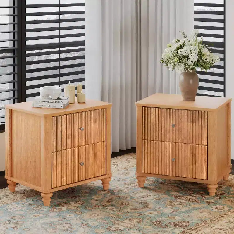 Ensemble de 2 tables de chevet avec design cannelé et tiroirs de rangement, table de nuit pour chambre, salon, entrée - Panipeachy