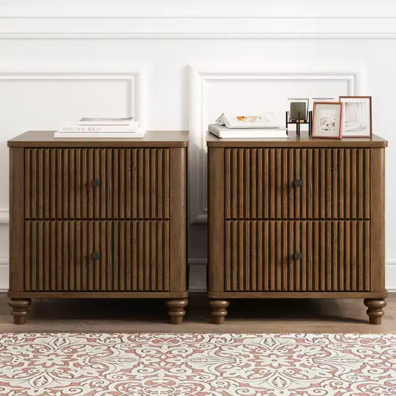 Ensemble de 2 tables de chevet avec design cannelé et tiroirs de rangement, table de nuit pour chambre, salon, entrée - Panipeachy