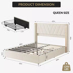 Cadre de lit Queen rembourré à LED avec rangement, lit plateforme en velours avec tête de lit à dossier capitonné et 4 tiroirs, aucun sommier tapissier requis