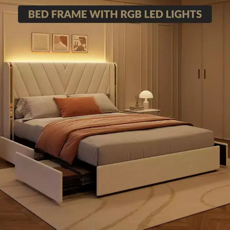 Cadre de lit Queen rembourré à LED avec rangement, lit plateforme en velours avec tête de lit à dossier capitonné et 4 tiroirs, aucun sommier tapissier requis
