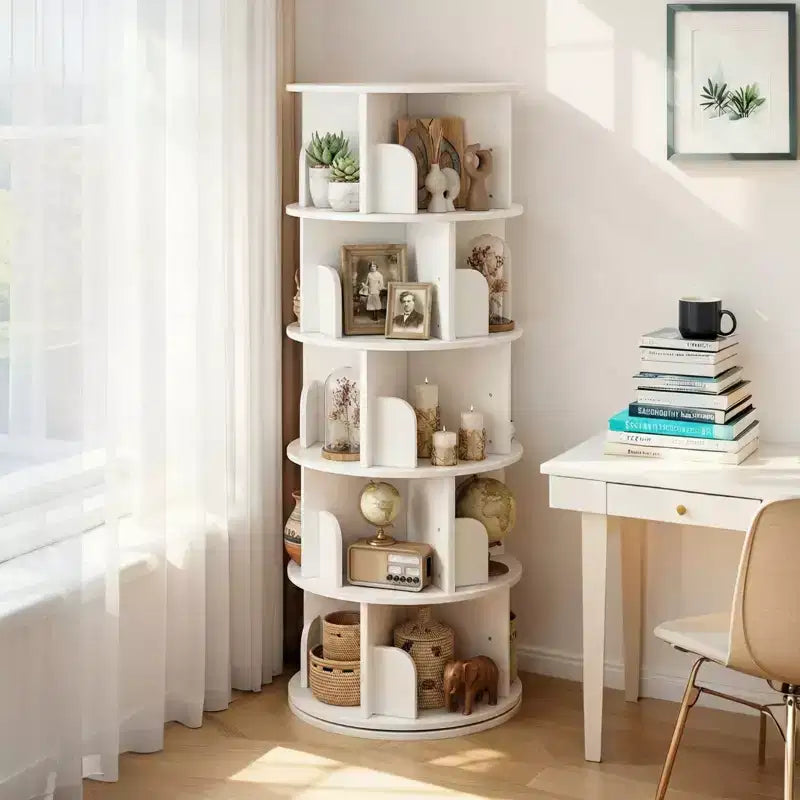 JVNOXK Bibliothèque rotative à 5 niveaux, étagère circulaire rotative à 360°, peu encombrante, bibliothèque tour compacte rotative pour chambre, blanc chaud