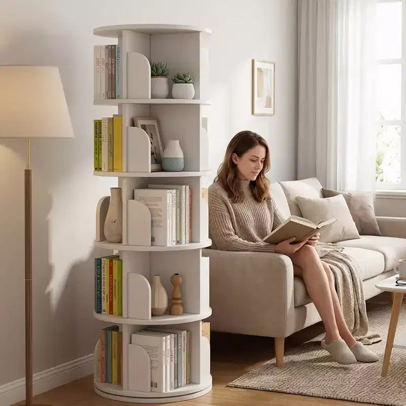 JVNOXK Bibliothèque rotative à 5 niveaux, étagère circulaire rotative à 360°, peu encombrante, bibliothèque tour compacte rotative pour chambre, blanc chaud