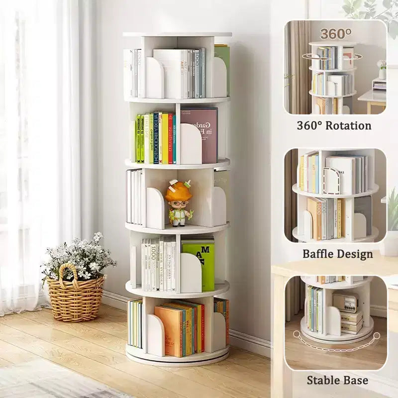 JVNOXK Bibliothèque rotative à 5 niveaux, étagère circulaire rotative à 360°, peu encombrante, bibliothèque tour compacte rotative pour chambre, blanc chaud