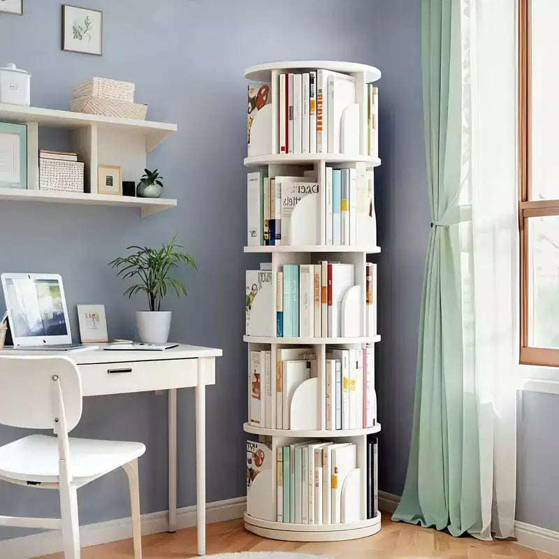 JVNOXK Bibliothèque rotative à 5 niveaux, étagère circulaire rotative à 360°, peu encombrante, bibliothèque tour compacte rotative pour chambre, blanc chaud