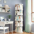 JVNOXK Bibliothèque rotative à 5 niveaux, étagère circulaire rotative à 360°, peu encombrante, bibliothèque tour compacte rotative pour chambre, blanc chaud