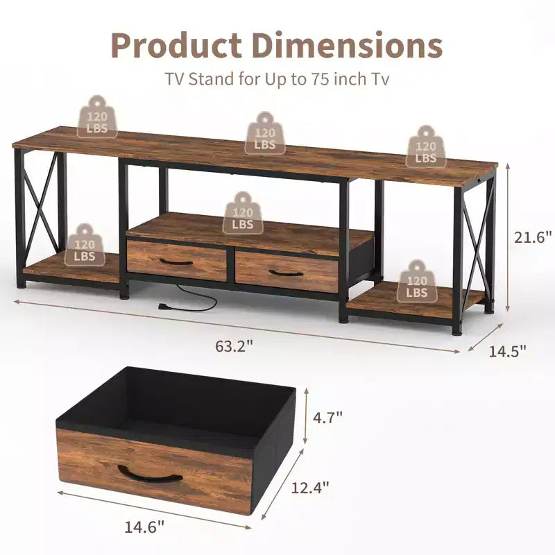 Meuble TV avec tiroirs en tissu pour TV 75 70 65 pouces, console TV, centre de divertissement avec étagères de rangement ouvertes pour salon, chambre, bureau