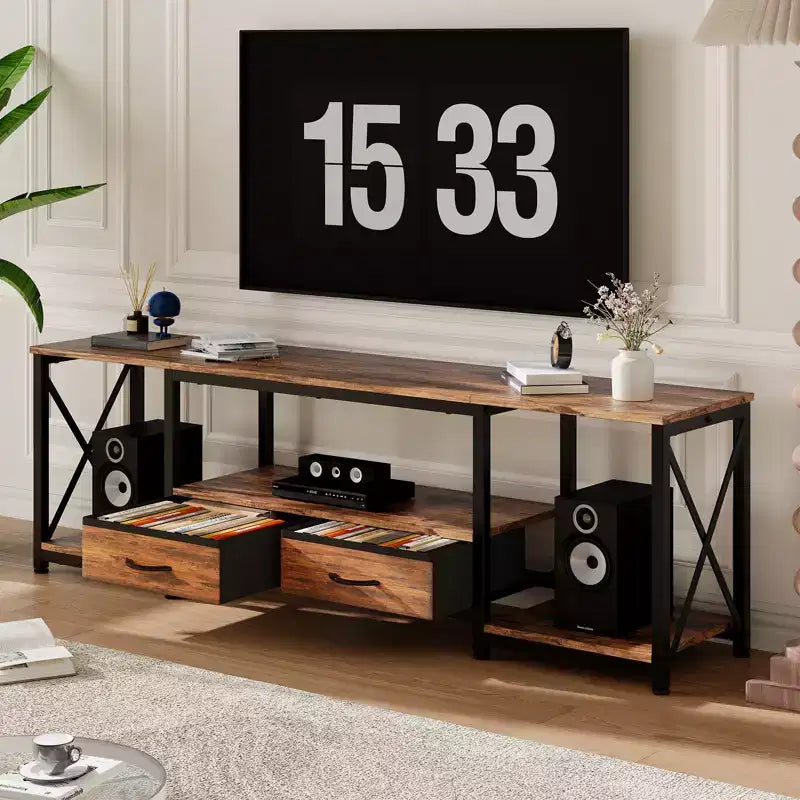 Meuble TV avec tiroirs en tissu pour TV 75 70 65 pouces, console TV, centre de divertissement avec étagères de rangement ouvertes pour salon, chambre, bureau