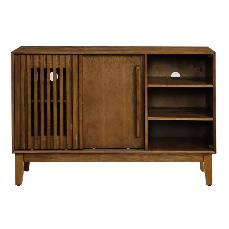 Meuble TV/buffet moderne du milieu du siècle de 119 cm, avec porte coulissante à lattes et pieds en bois massif - Panipeachy