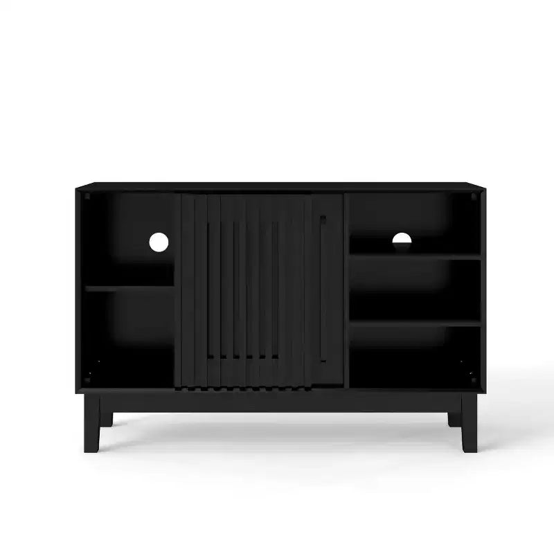 Meuble TV/buffet moderne du milieu du siècle de 119 cm, avec porte coulissante à lattes et pieds en bois massif - Panipeachy
