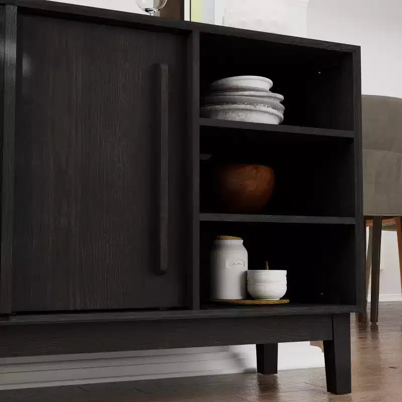 Meuble TV/buffet moderne du milieu du siècle de 119 cm, avec porte coulissante à lattes et pieds en bois massif - Panipeachy