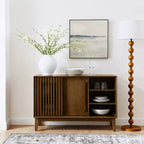 Meuble TV/buffet moderne du milieu du siècle de 119 cm, avec porte coulissante à lattes et pieds en bois massif - Panipeachy