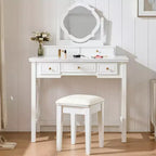 Table de maquillage GDFStudio Hailey avec miroir réversible, tabouret en similicuir et 5 tiroirs