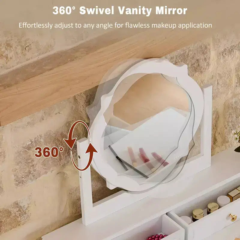 Table de maquillage GDFStudio Hailey avec miroir réversible, tabouret en similicuir et 5 tiroirs