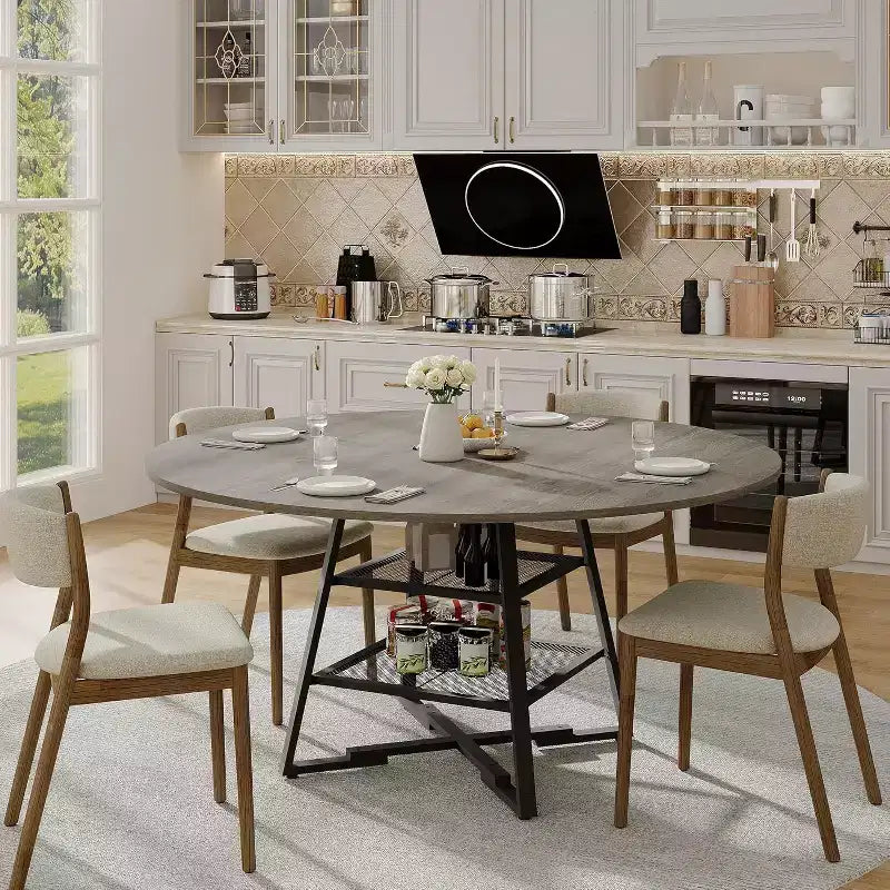 Table à manger ronde pour 4, Table de cuisine de 42 pouces avec étagère de rangement, Design de ferme en bois et métal, Table à manger familiale pour 4-6 personnes