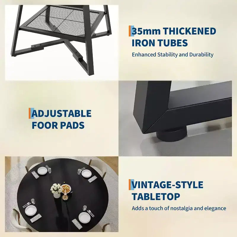 Table à manger ronde pour 4, Table de cuisine de 42 pouces avec étagère de rangement, Design de ferme en bois et métal, Table à manger familiale pour 4-6 personnes