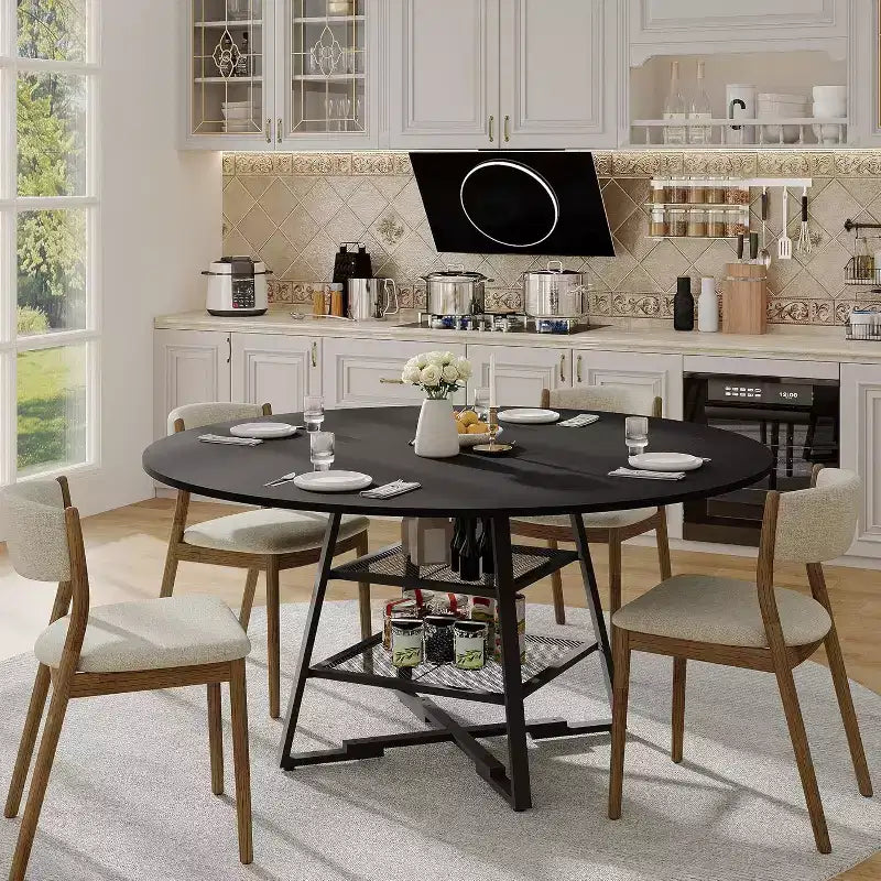 Table à manger ronde pour 4, Table de cuisine de 42 pouces avec étagère de rangement, Design de ferme en bois et métal, Table à manger familiale pour 4-6 personnes