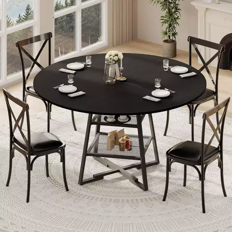 Table à manger ronde pour 4, Table de cuisine de 42 pouces avec étagère de rangement, Design de ferme en bois et métal, Table à manger familiale pour 4-6 personnes