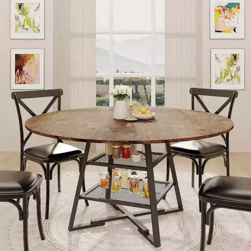 Table à manger ronde pour 4, Table de cuisine de 42 pouces avec étagère de rangement, Design de ferme en bois et métal, Table à manger familiale pour 4-6 personnes