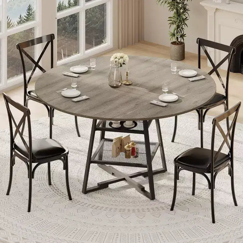 Table à manger ronde pour 4, Table de cuisine de 42 pouces avec étagère de rangement, Design de ferme en bois et métal, Table à manger familiale pour 4-6 personnes