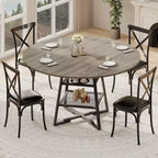 Table à manger ronde pour 4, Table de cuisine de 42 pouces avec étagère de rangement, Design de ferme en bois et métal, Table à manger familiale pour 4-6 personnes