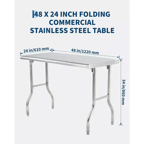 Table pliante commerciale en acier inoxydable de 48 x 24 pouces | Table de préparation robuste pour restaurant, traiteur et cuisine à domicile