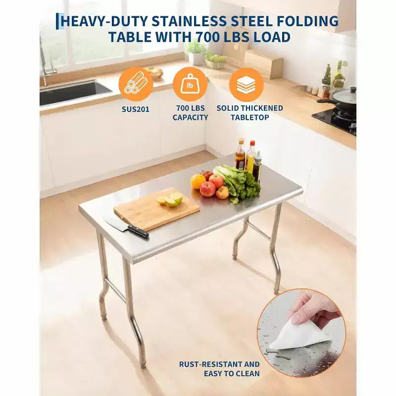 Table pliante commerciale en acier inoxydable de 48 x 24 pouces | Table de préparation robuste pour restaurant, traiteur et cuisine à domicile