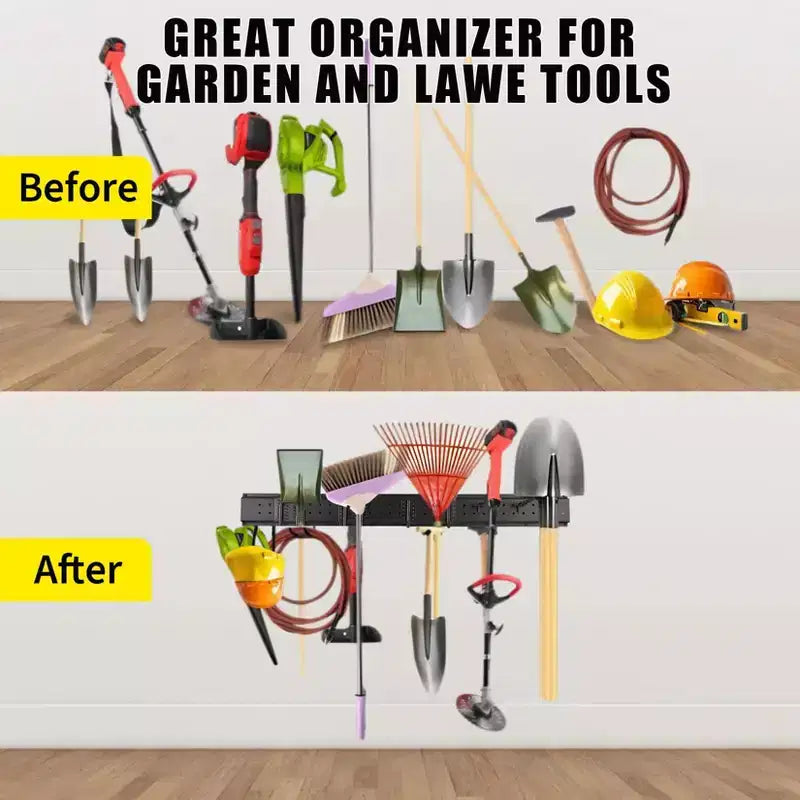 Organisateur d'outils, organisateur de garage, rangement mural robuste pour outils de jardin, 66 x 16 pièces, avec 12 crochets réglables