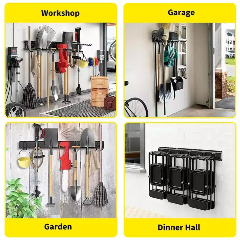 Organisateur d'outils, organisateur de garage, rangement mural robuste pour outils de jardin, 66 x 16 pièces, avec 12 crochets réglables