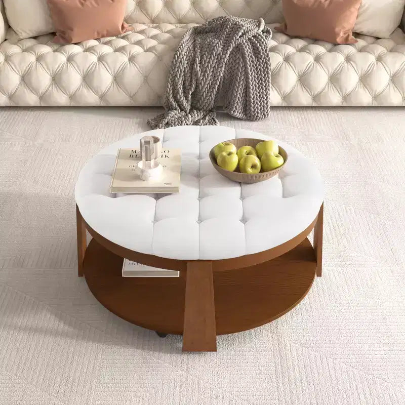 Table basse ottomane ronde, grande table basse rembourrée à 2 niveaux avec boutons touffetés et roulettes, repose-pieds ottoman en tissu imperméable pour salon