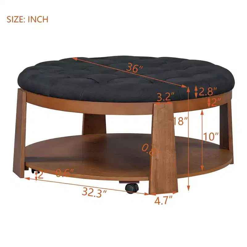 Table basse ottomane ronde, grande table basse rembourrée à 2 niveaux avec boutons touffetés et roulettes, repose-pieds ottoman en tissu imperméable pour salon