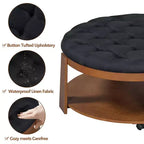 Table basse ottomane ronde, grande table basse rembourrée à 2 niveaux avec boutons touffetés et roulettes, repose-pieds ottoman en tissu imperméable pour salon
